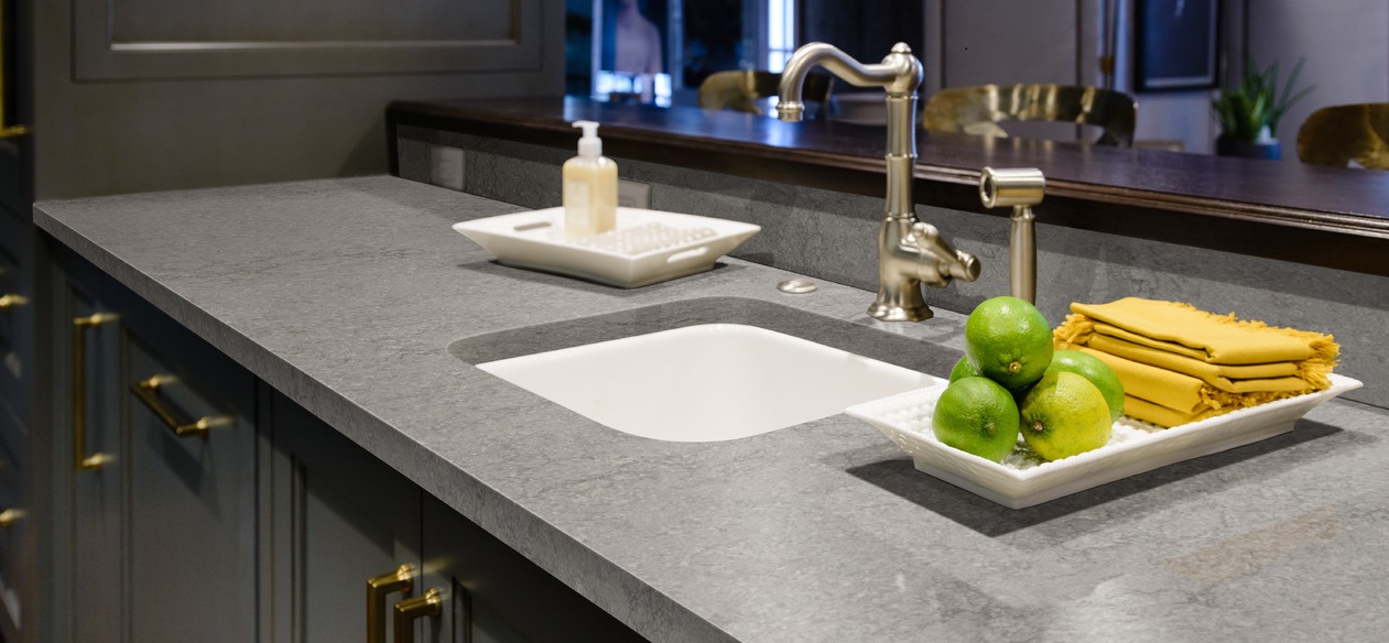 quartz countertop in bathroom in gray